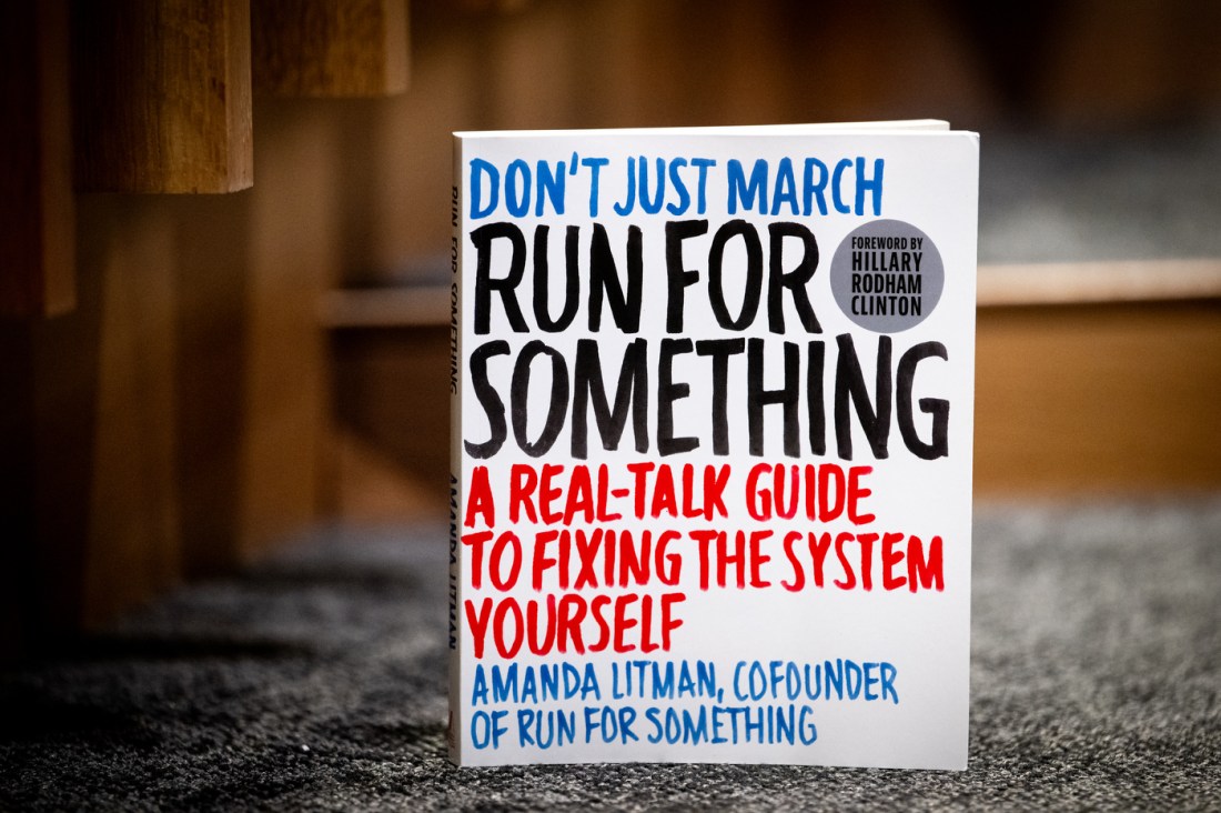 A copy of Amanda Litman’s book Run for Something displayed upright on a table at Northeastern University.